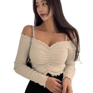 Sugathari beige off shoulder long sleeve ribbed top for women
