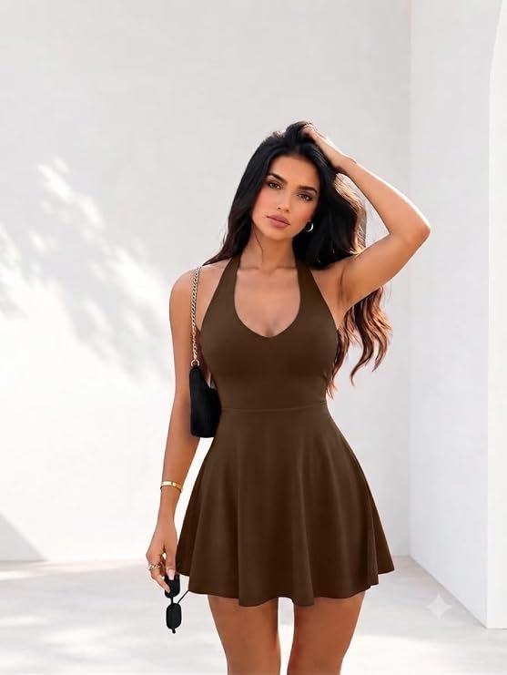 TIVANTE brown halter neck fit and flare mini dress