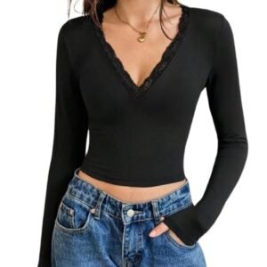 TIVANTE black lace trim V neck crop top for women