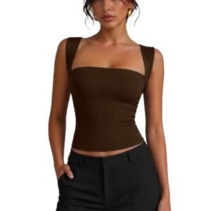 brown square neck sleeveless top with wide shoulder straps