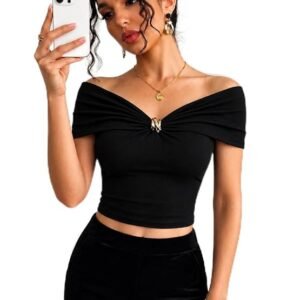 black off shoulder crop top with ruched V neck and gold buckle