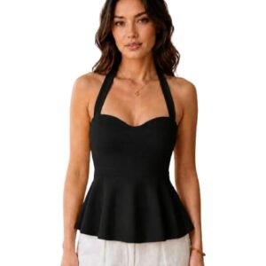 black zip front halter crop top with deep V neckline