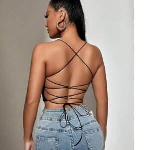 black backless crop top with lace-up back and spaghetti straps