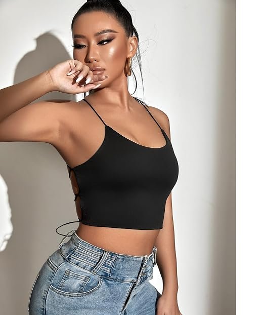 TRAQUILA black backless crop top for women