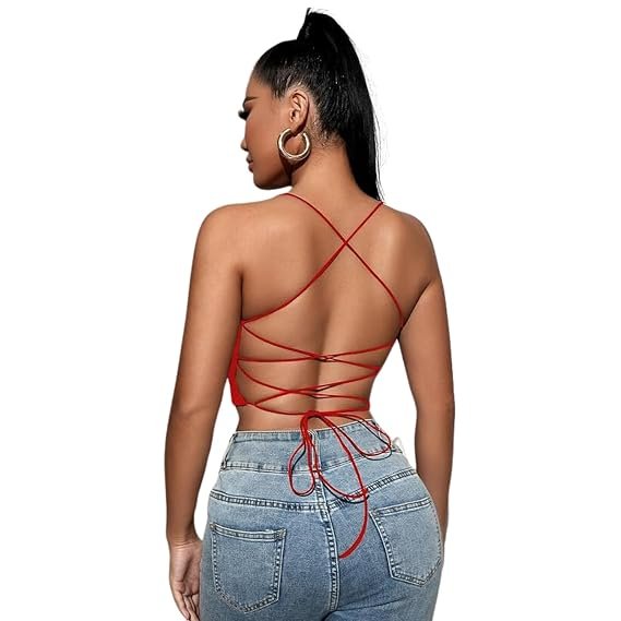 TRAQUILA black backless crop top back view