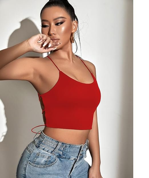 TRAQUILA red backless crop top for women
