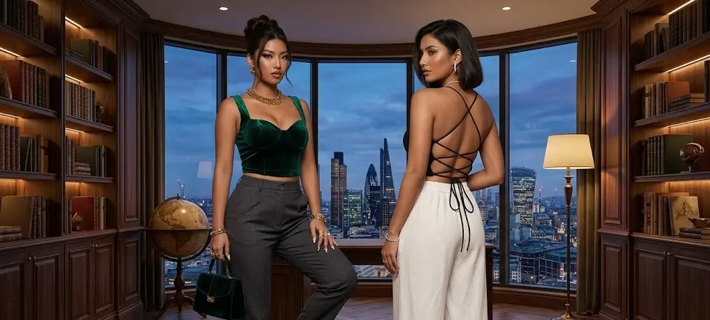 black backless crop top with lace-up back styled with high-waist jeans