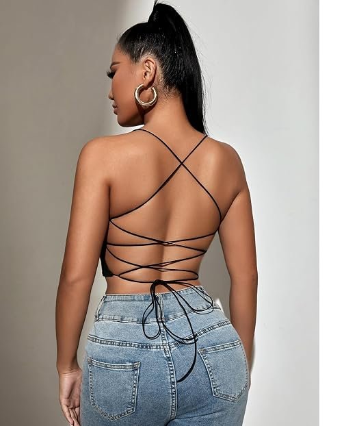 black backless crop top with lace-up back and spaghetti straps