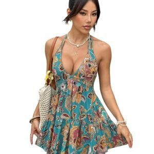 Turquoise paisley print halter neck dress for women