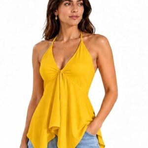 VAAKI butter yellow halter neck asymmetric top for women