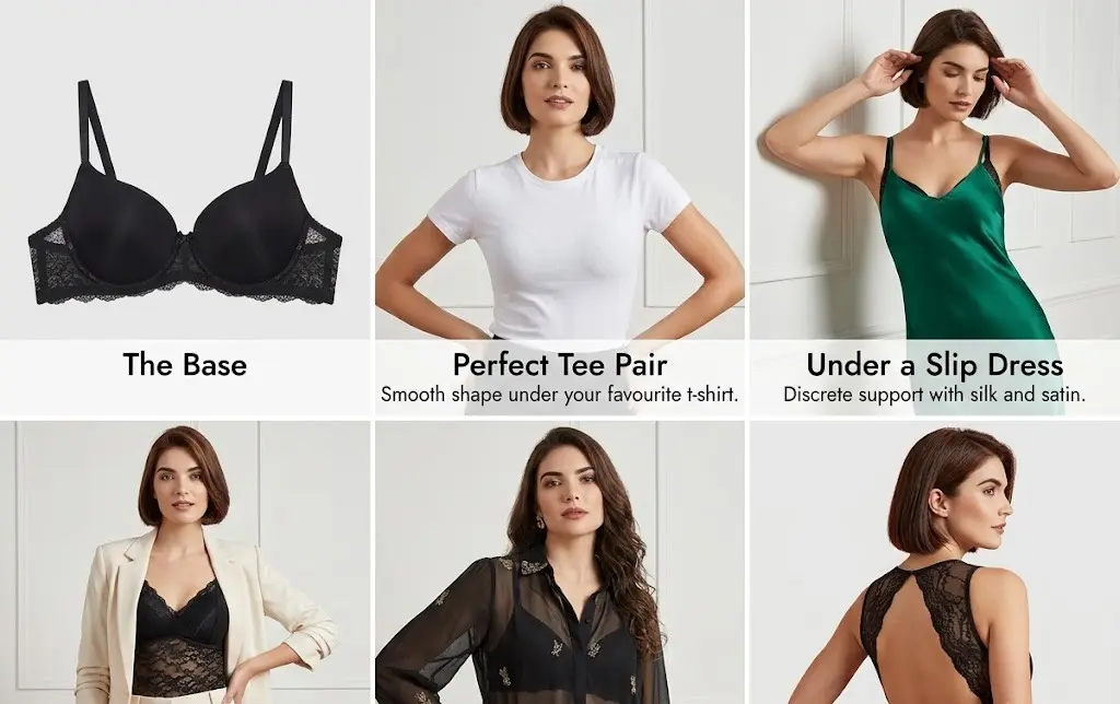 Clovia lace t-shirt bra in black, lightly padded wire-free cups with lace side detailing