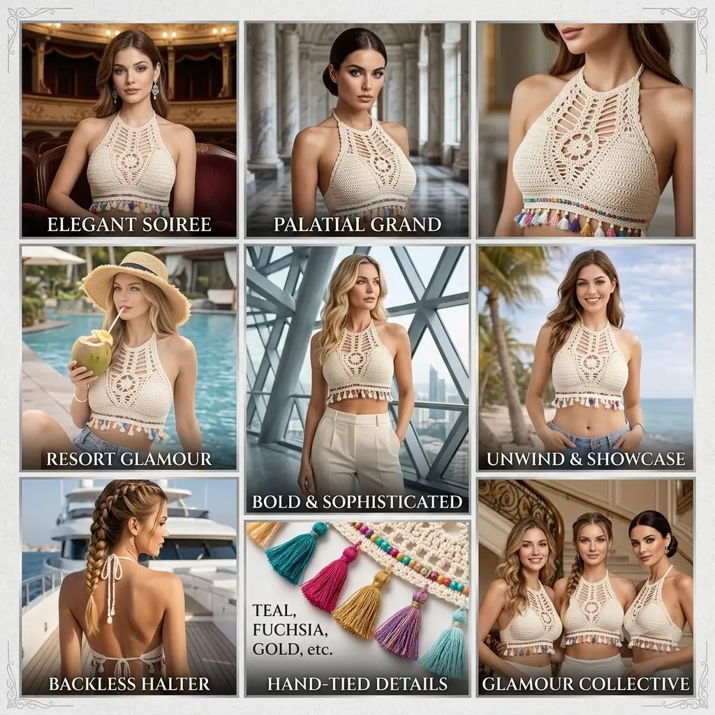 Panca High Neck Crochet Halter Crop Top with Tassel Trim – Backless Boho Beachwear