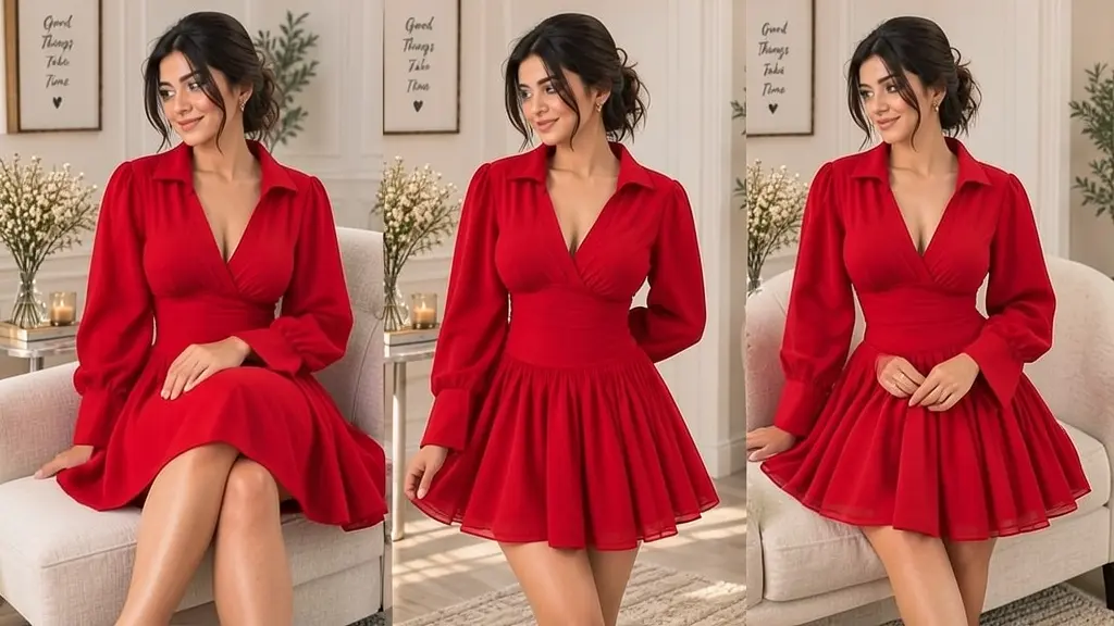 Wrap Mini Dress – V-Neck Collar Fit and Flare Dress with Puff Sleeves