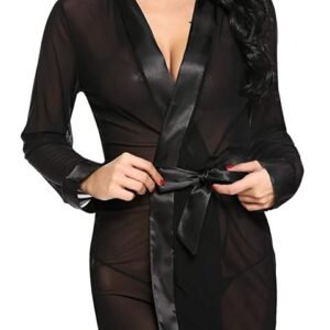 XS and Os black sheer mesh babydoll lingerie robe with satin trim