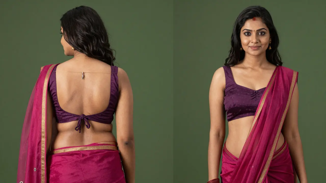 Back view of a backless saree blouse with no straps showing, styled with a stick-on bra for backless blouse looks