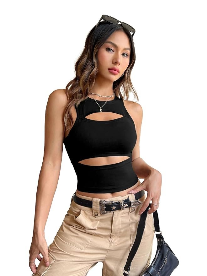 black cutout crop tank top with crew neck styled with beige cargo pants