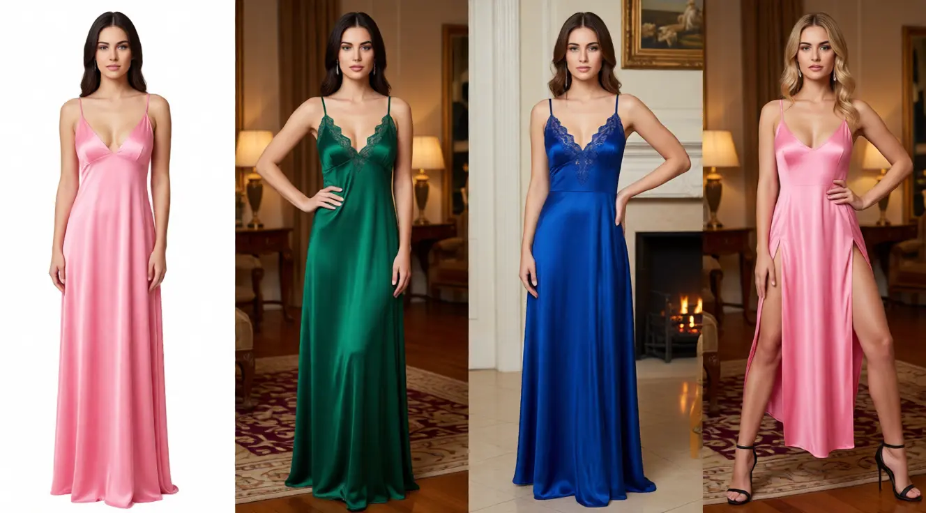 Satin nighty with robe in pink, maxi V-neck nightgown and long lace-collar robe set